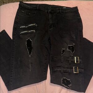 Distressed Black Jeans with Buckle Detail